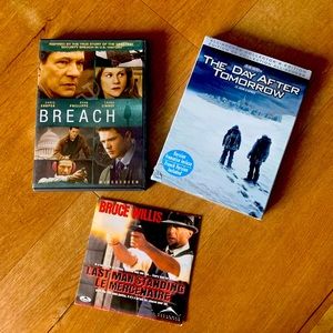 Three DVD movies ,Breach, The Day After Tommorow and Last Man Standing.